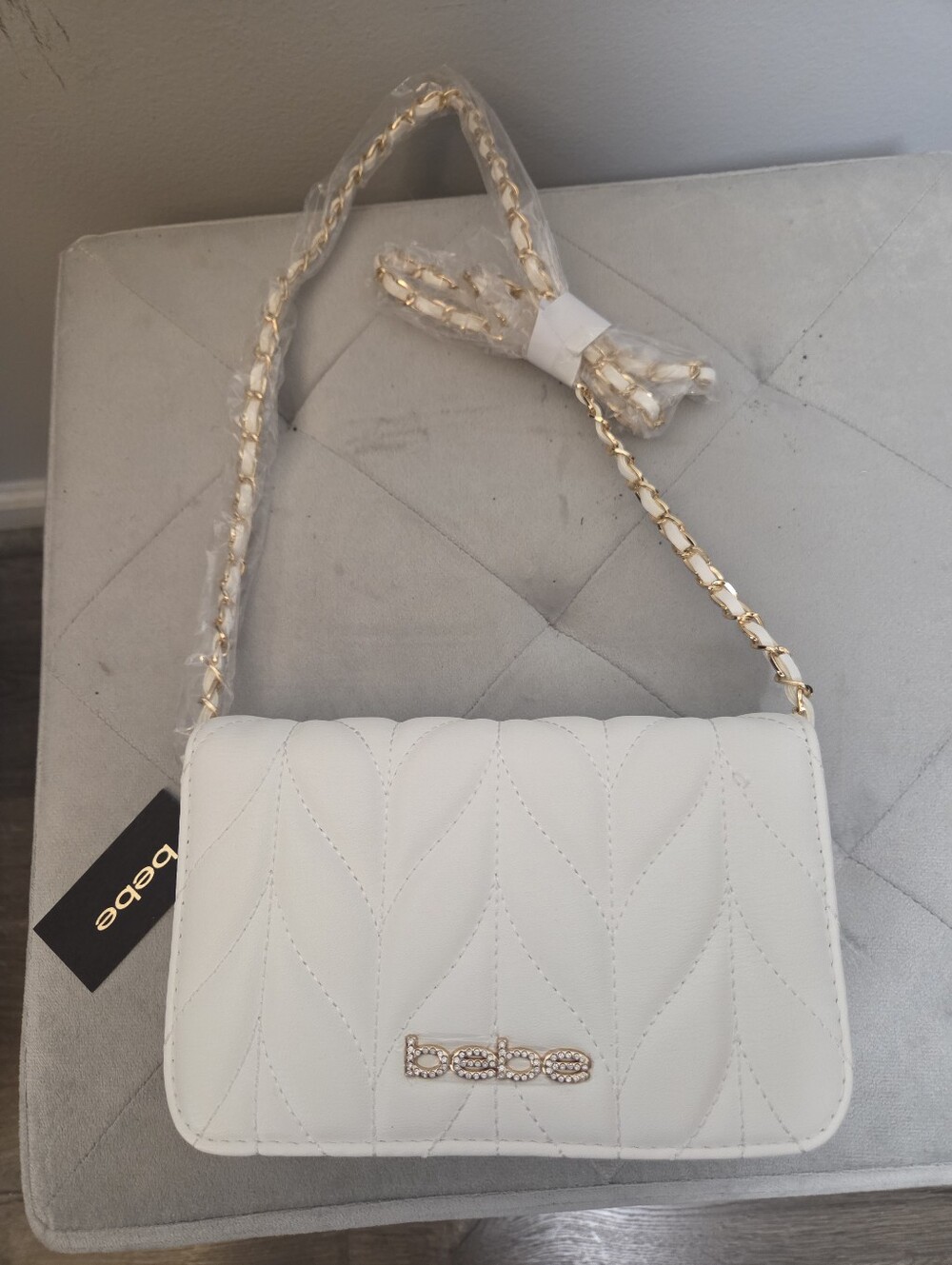 bebe White Josia Flap Quilted Crossbody with Gold Chain